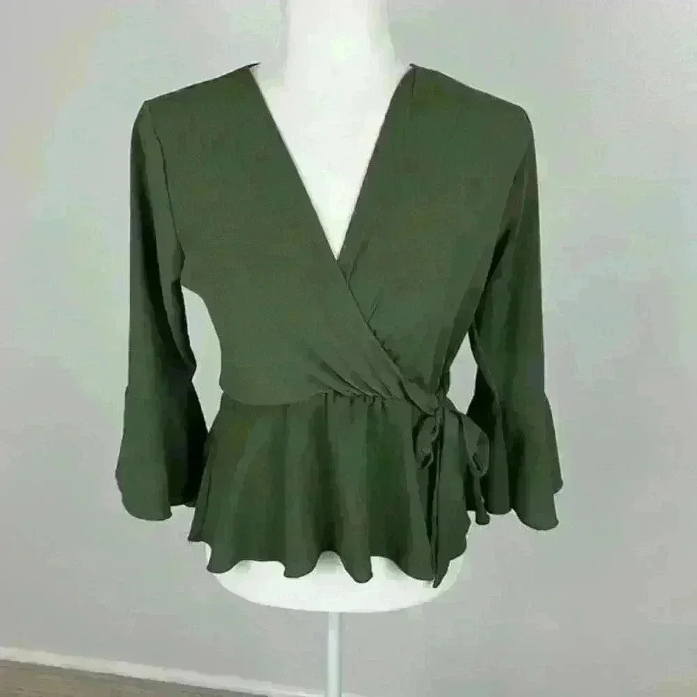 Boohoo Dark Green V-Neck Bell Sleeve Blouse Size S/M